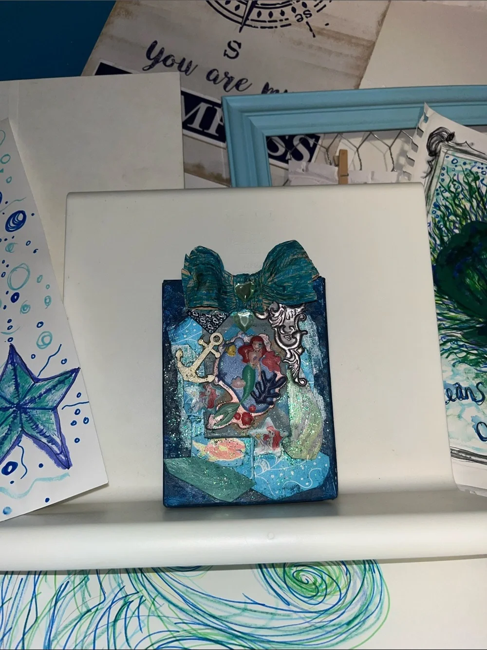 1of a kind new upcycled Handmade Mermaid ocean Mixed-Media treasure art card box